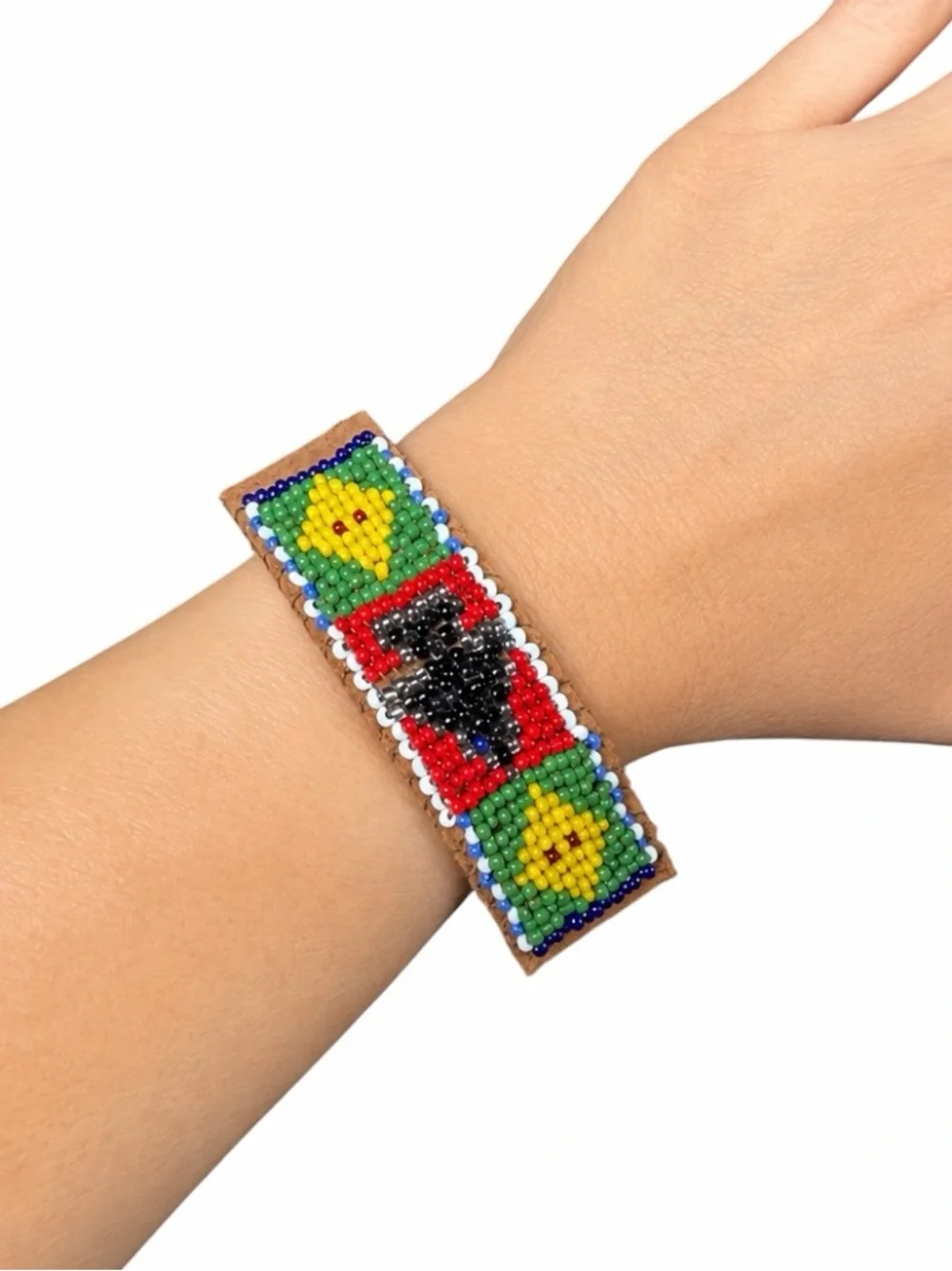 Vintage Leather Hand Beaded Cuff Bracelet Snap Closure Native Inspired